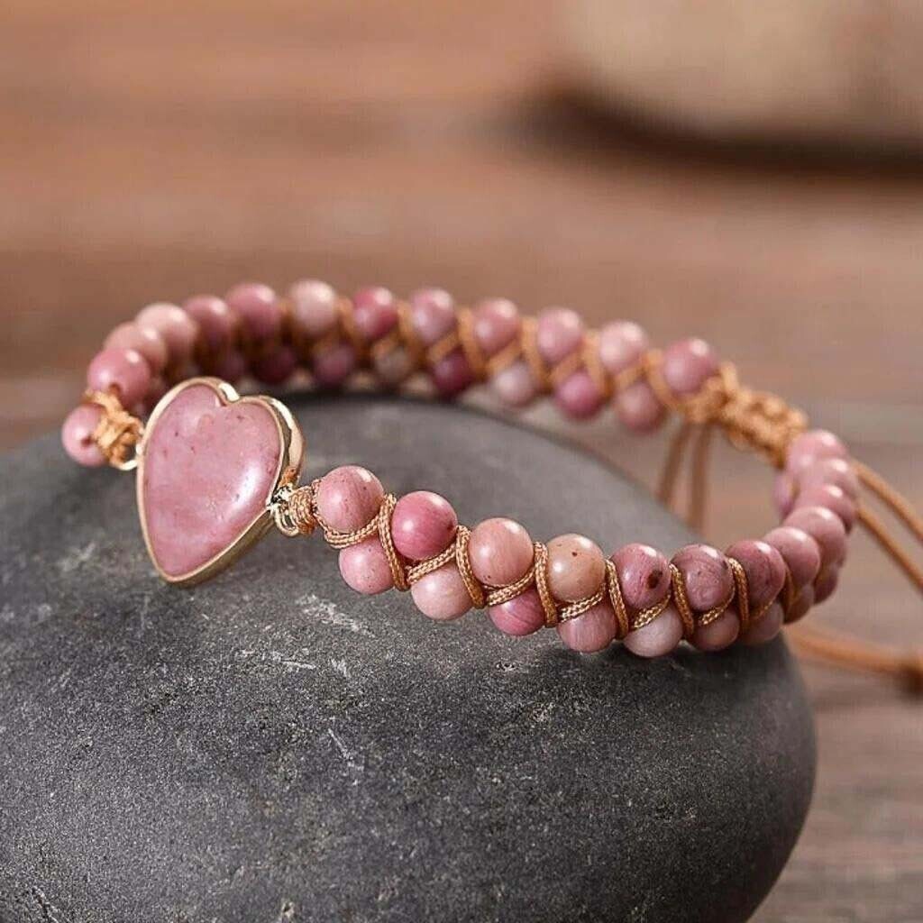 Rhodochrosite Heart Charm Women Girls Healing Handmade Braided Bracelet Gift USA