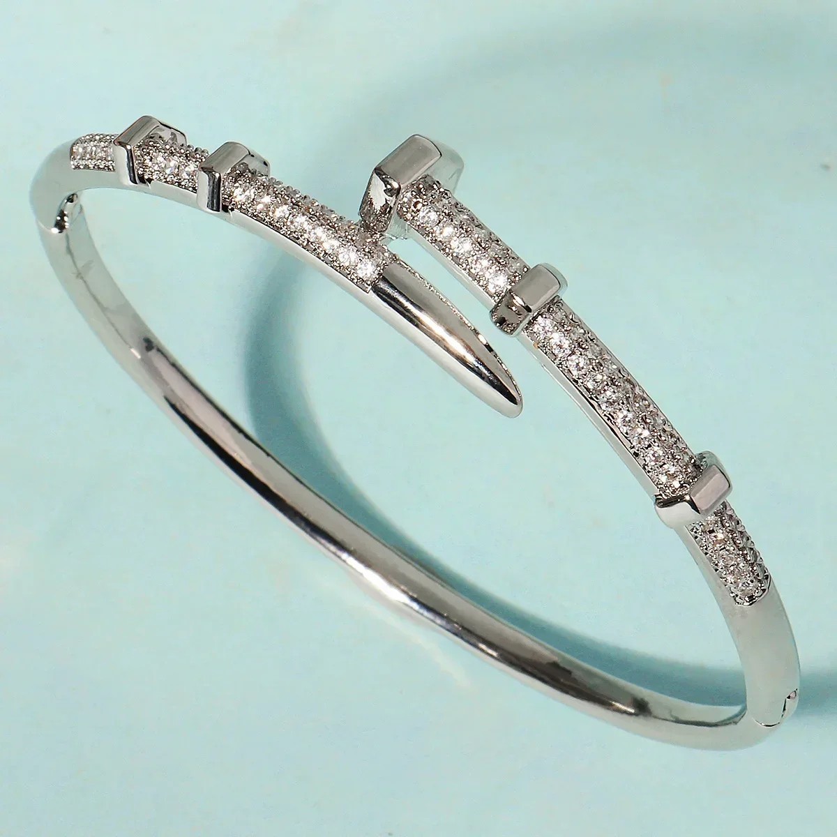 14k Yellow Gold plated Open Nail Bolt Trendy Bracelet AAA quality cubic zirconia