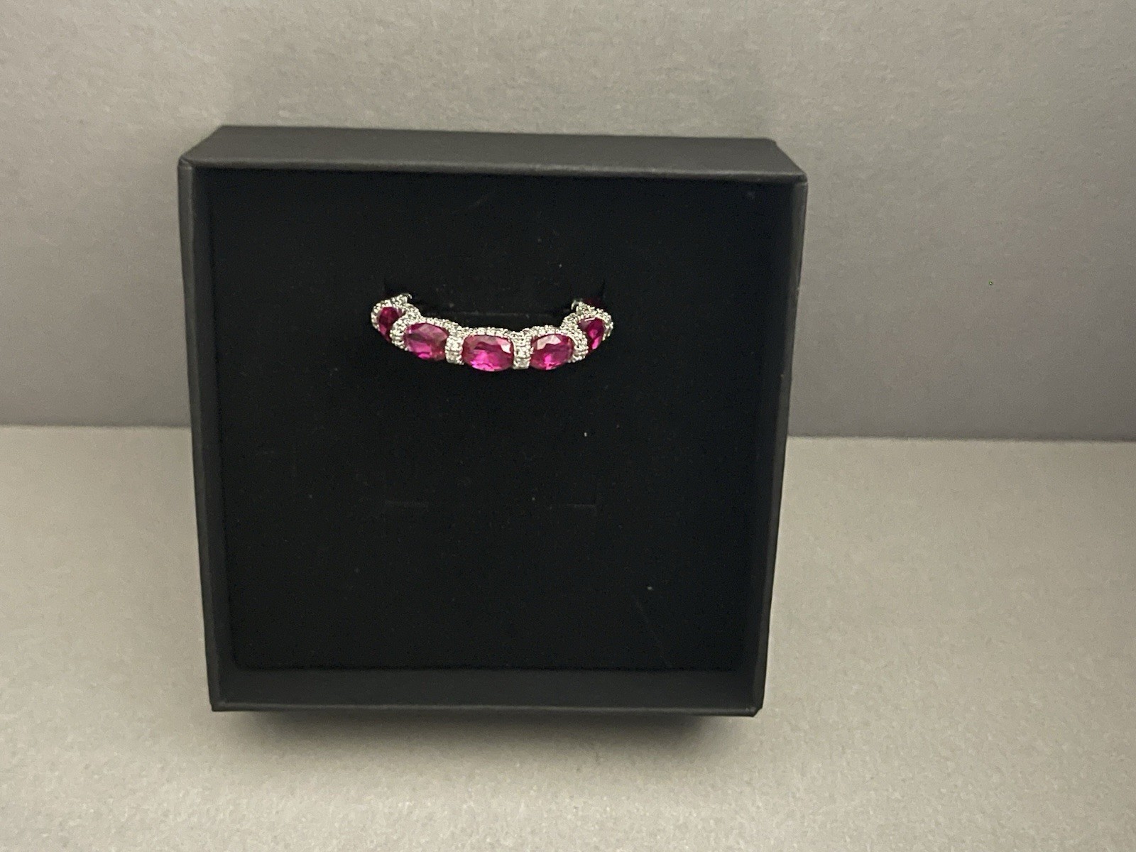Stunning Simulated Ruby and Diamond Silver Ring Band Size 8