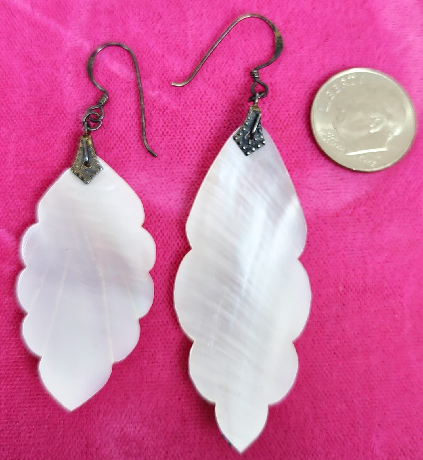 Vintage MCM Variable Sized White Mother of Pearl Feather Pierced Dangle Earrings