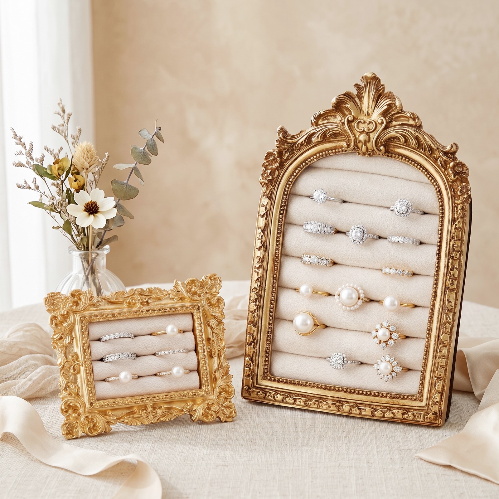 Vintage Ring Holder Arch Gold Ring Wedding Display Suede Jewelry Box Stand Frame