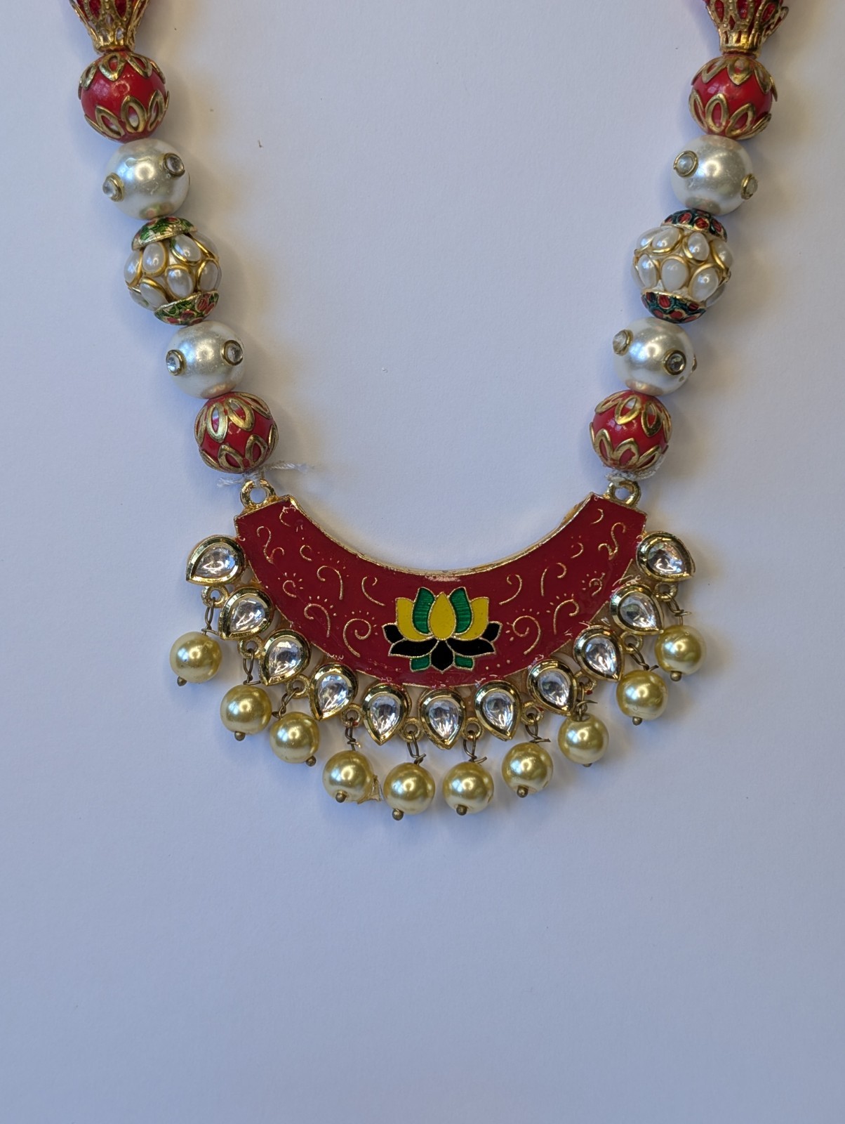Handmade Lotus Thread Necklace Set Red Meenakari Pearl Indian Ethnic Jewelry
