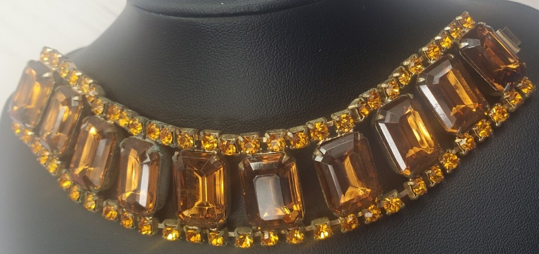 Vintage Champagne Faux Citrine Bling Necklace and Bracelet Gold Tone