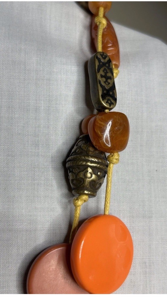 Vintage Acrylic Plastic Metal Beaded Necklace ~ 44” ~ Glowy Amber Orange Discs