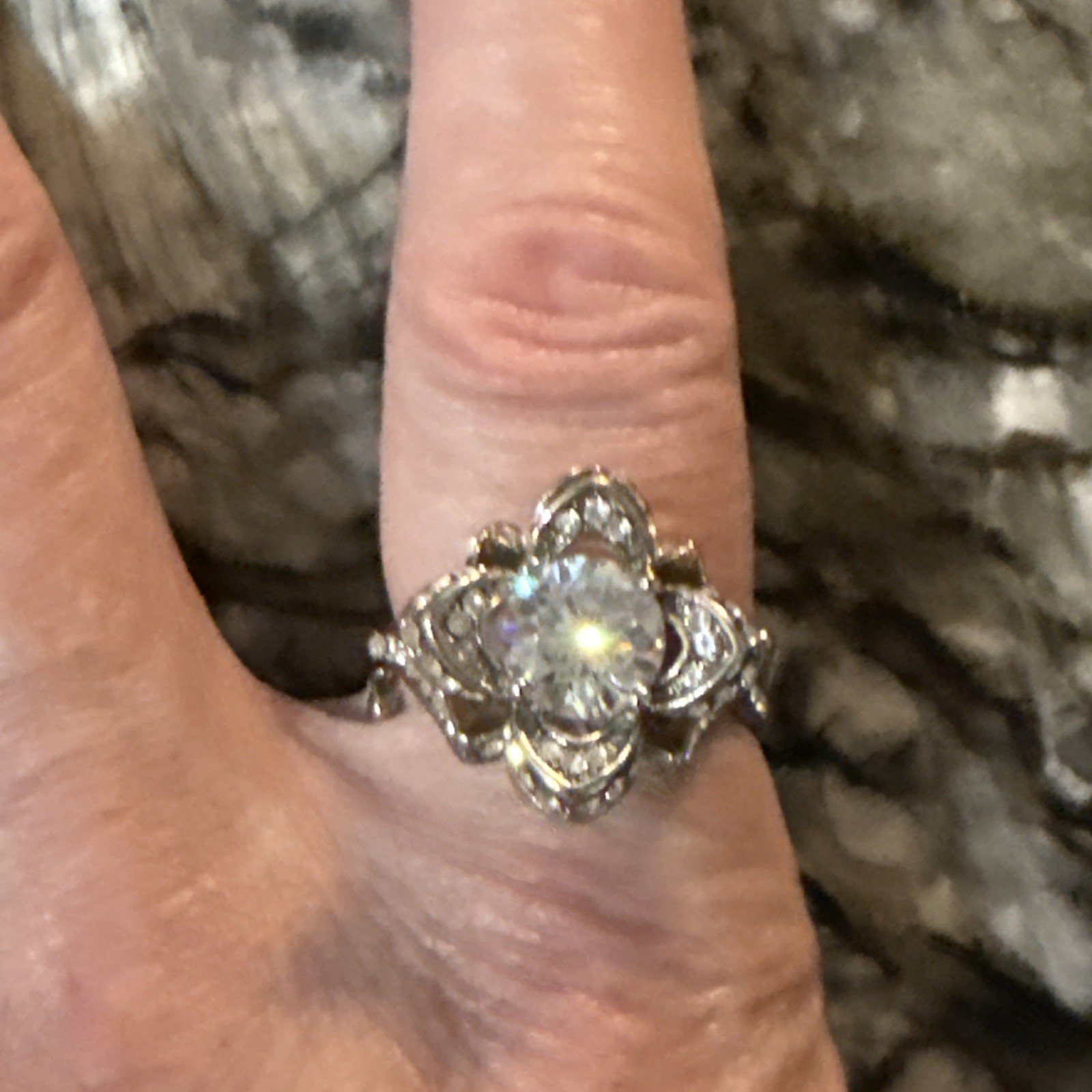 Loully Ring Flower Crystal Ring Sz 9.25 Marked 925 Silver