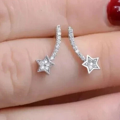 Women’s Star Drop Earring 14k White Gold Plated 0.90Cts Round Lab Grown Diamond