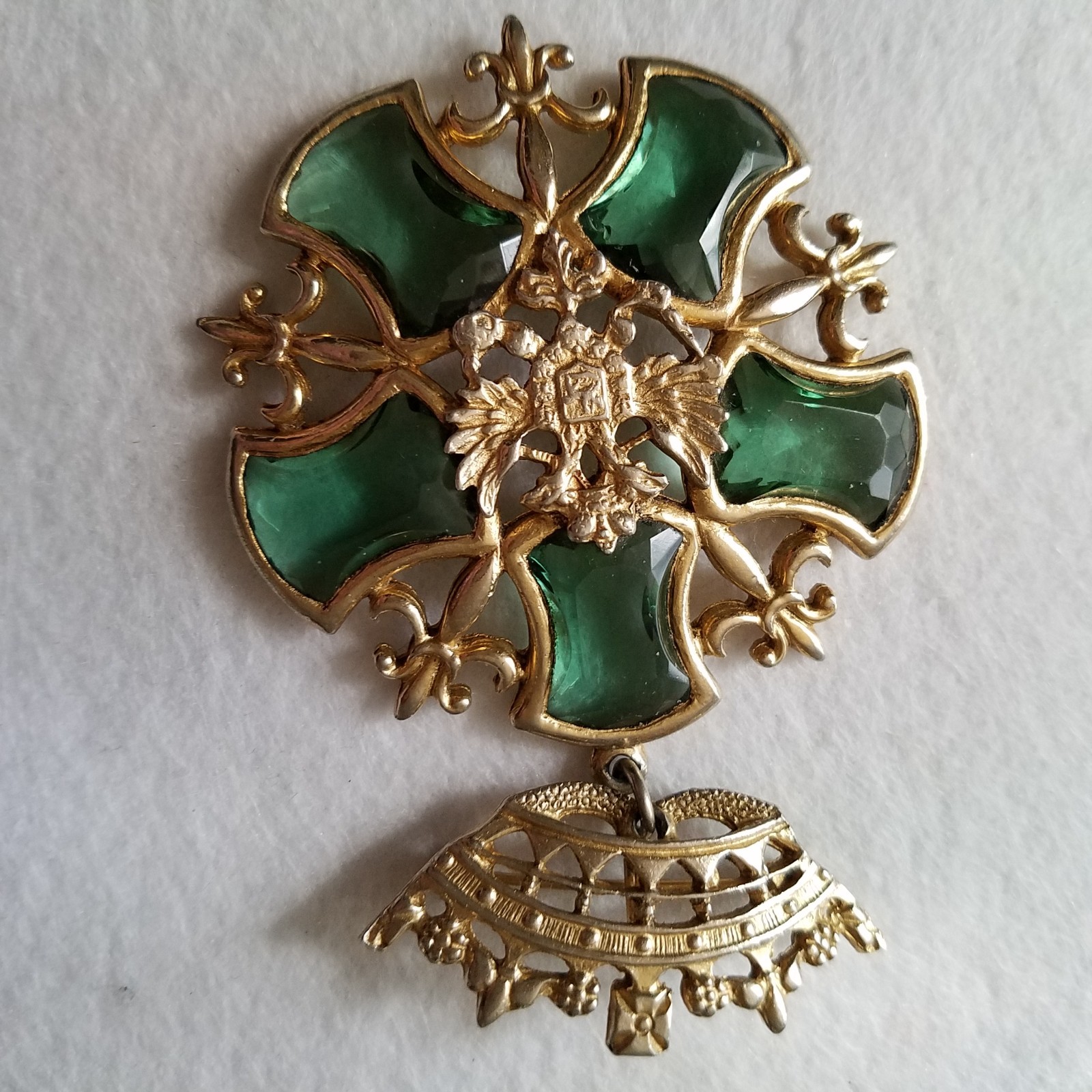 Vintage Crown Doubled-Headed Eagle Shield Green Rhinestone Fleur de Lis Brooch