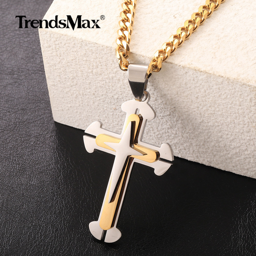 Gold Plated Stainless Steel Cross Pendant Charm Necklace 18-30″ Curb Cuban Chain