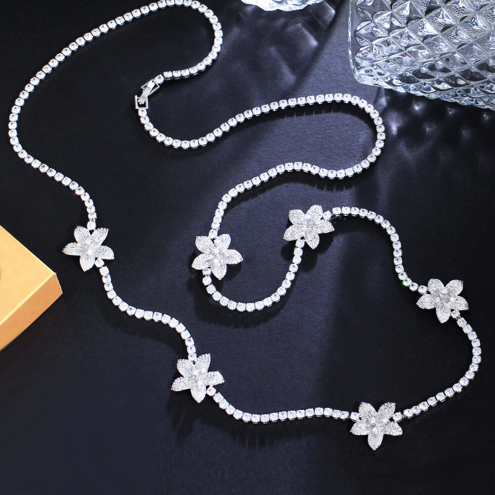 82cm Silver Plated Cubic Zircon White Flower Long Necklace Women Wedding Jewelry