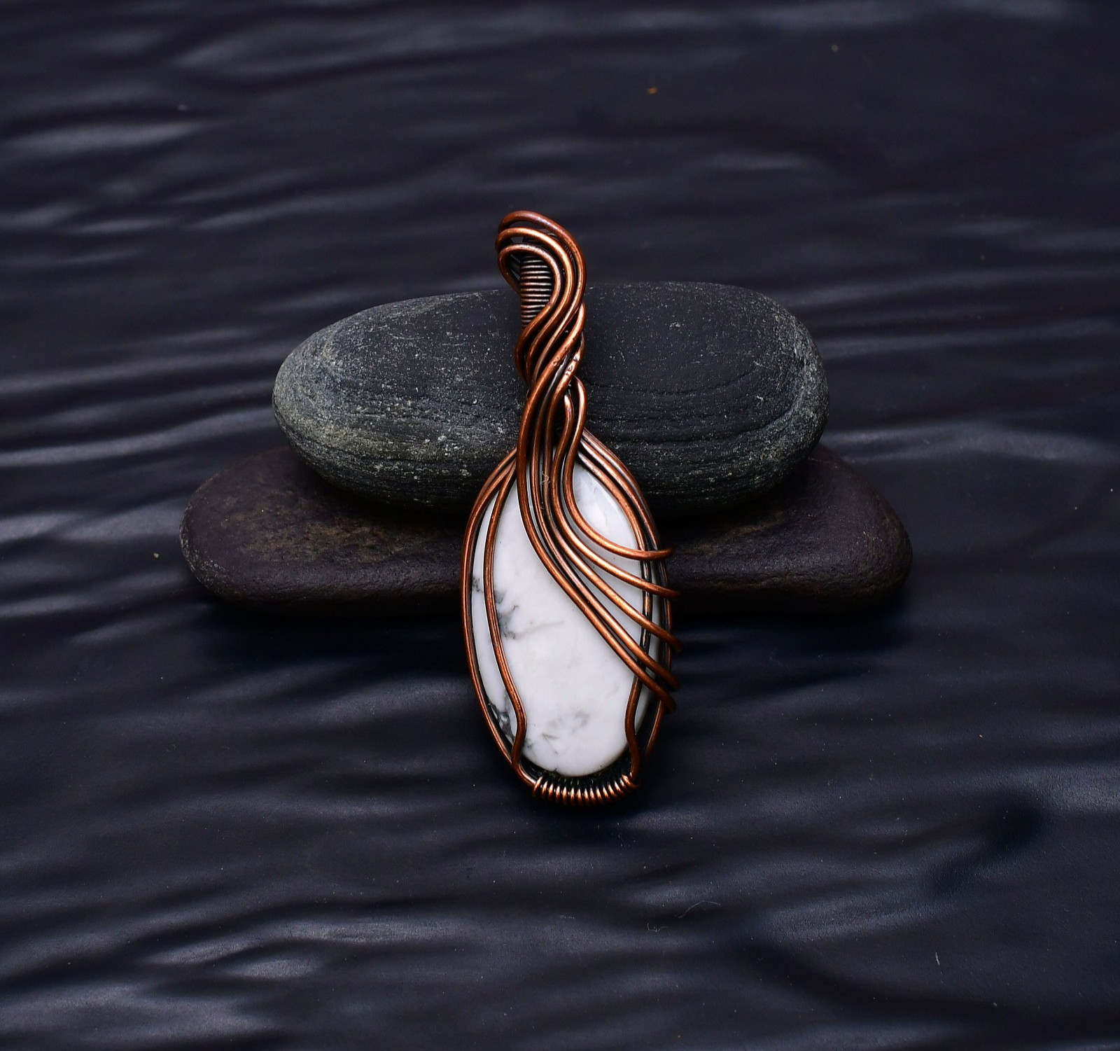 Howlite Gemstone Copper Wire Wrapped Handmade Jewelry Pendant 2.28″