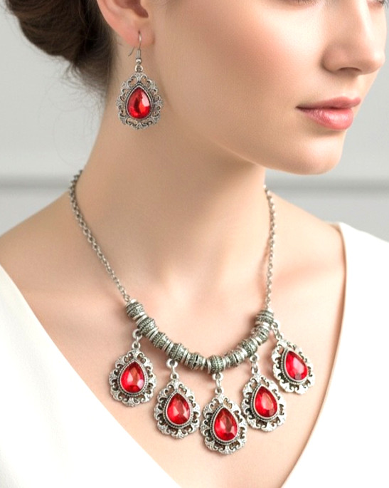 Vintage Inspired Charmed Necklace Earrings Set Siam Red Acrylic Rhinestones
