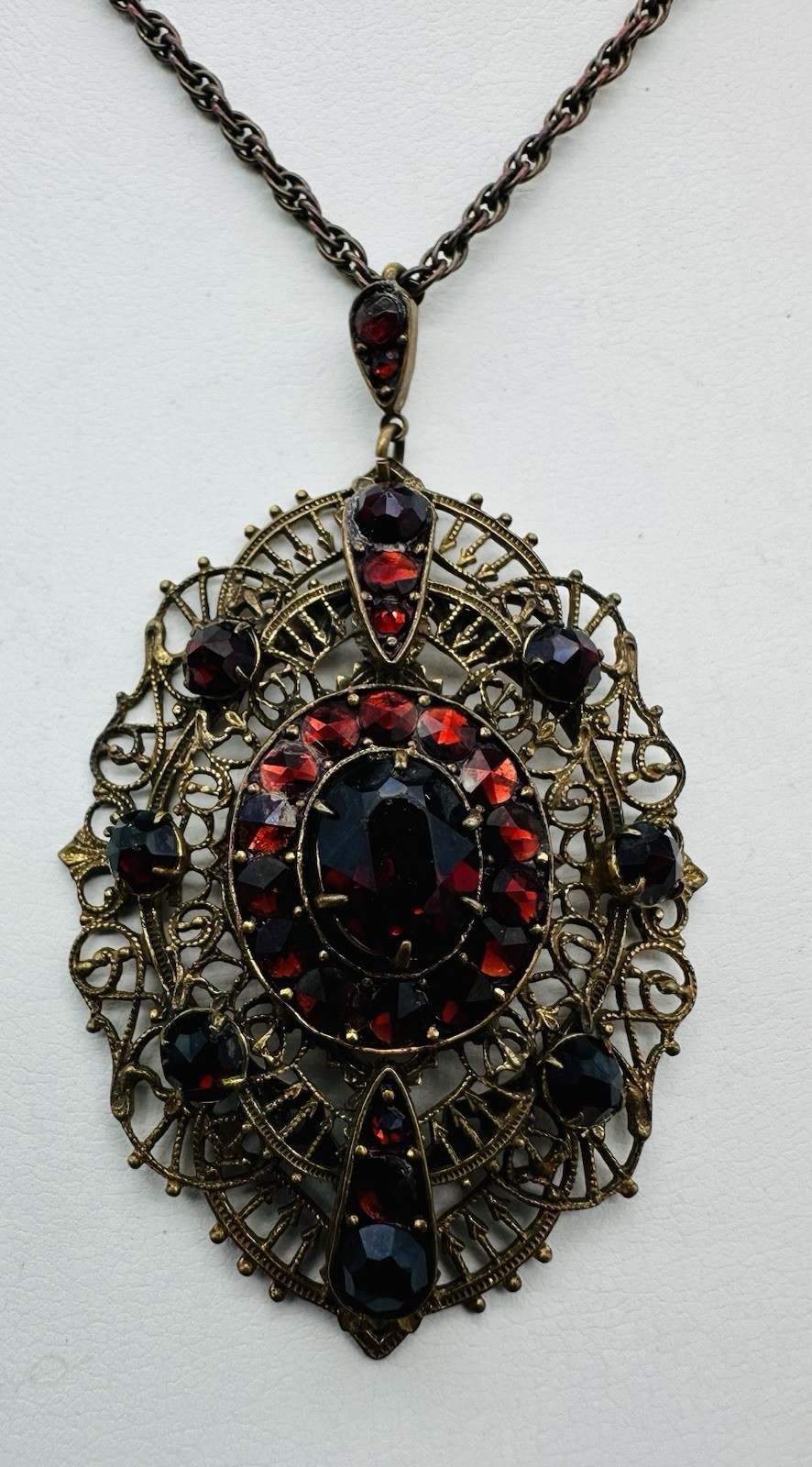 Vintage Antique Bohemian Czech Glass Or Garnet Pendant Necklace 17” Lovely!