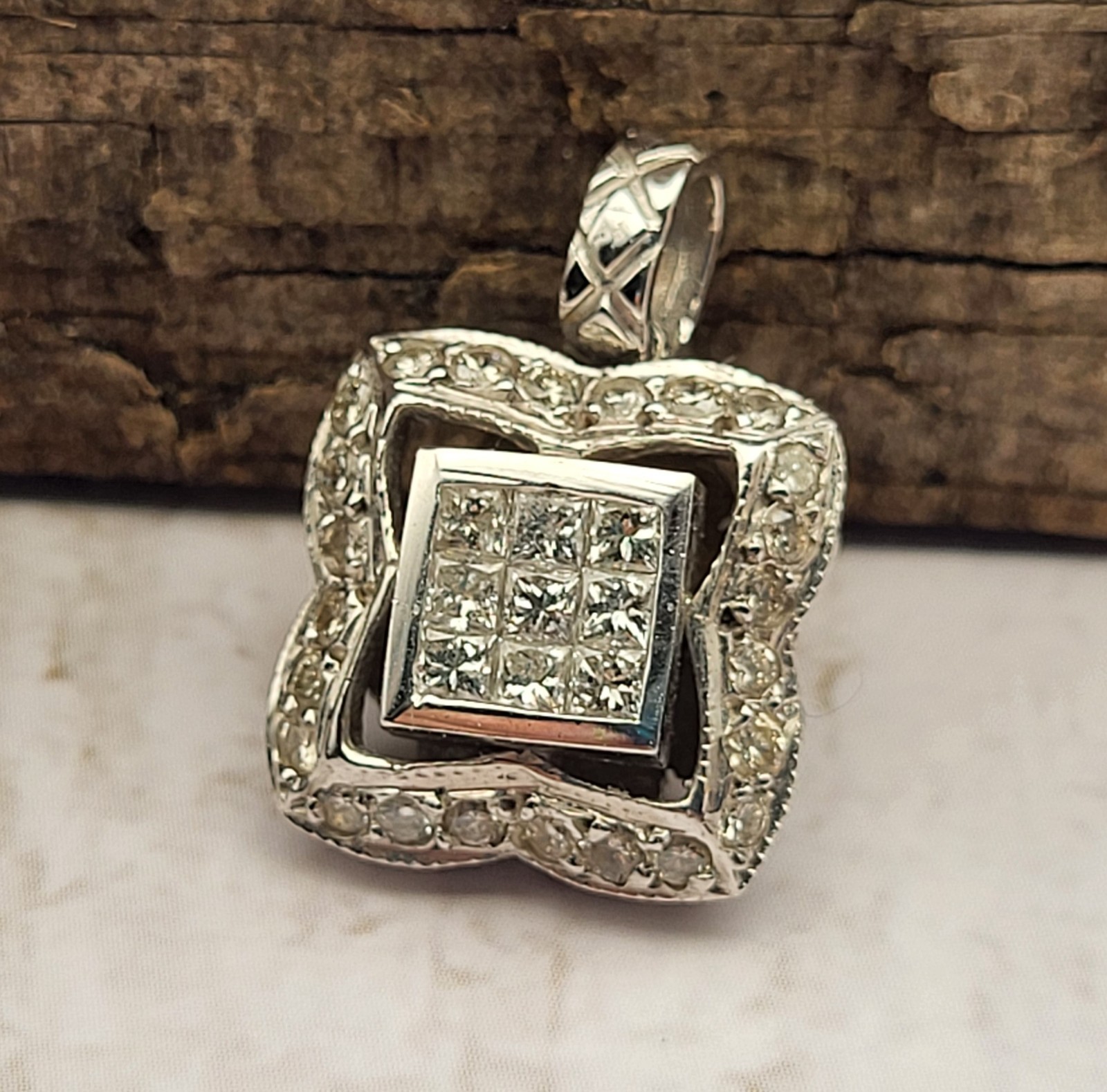 Heavy! 18K White Gold Square Princess Cut Diamond Pendant Charm Signed H.O.B.
