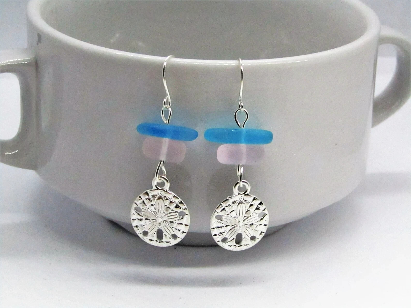 Frosted Pink & Blue Green Sea Glass Beach Stone Pebble Silver Charm SAND DOLLAR