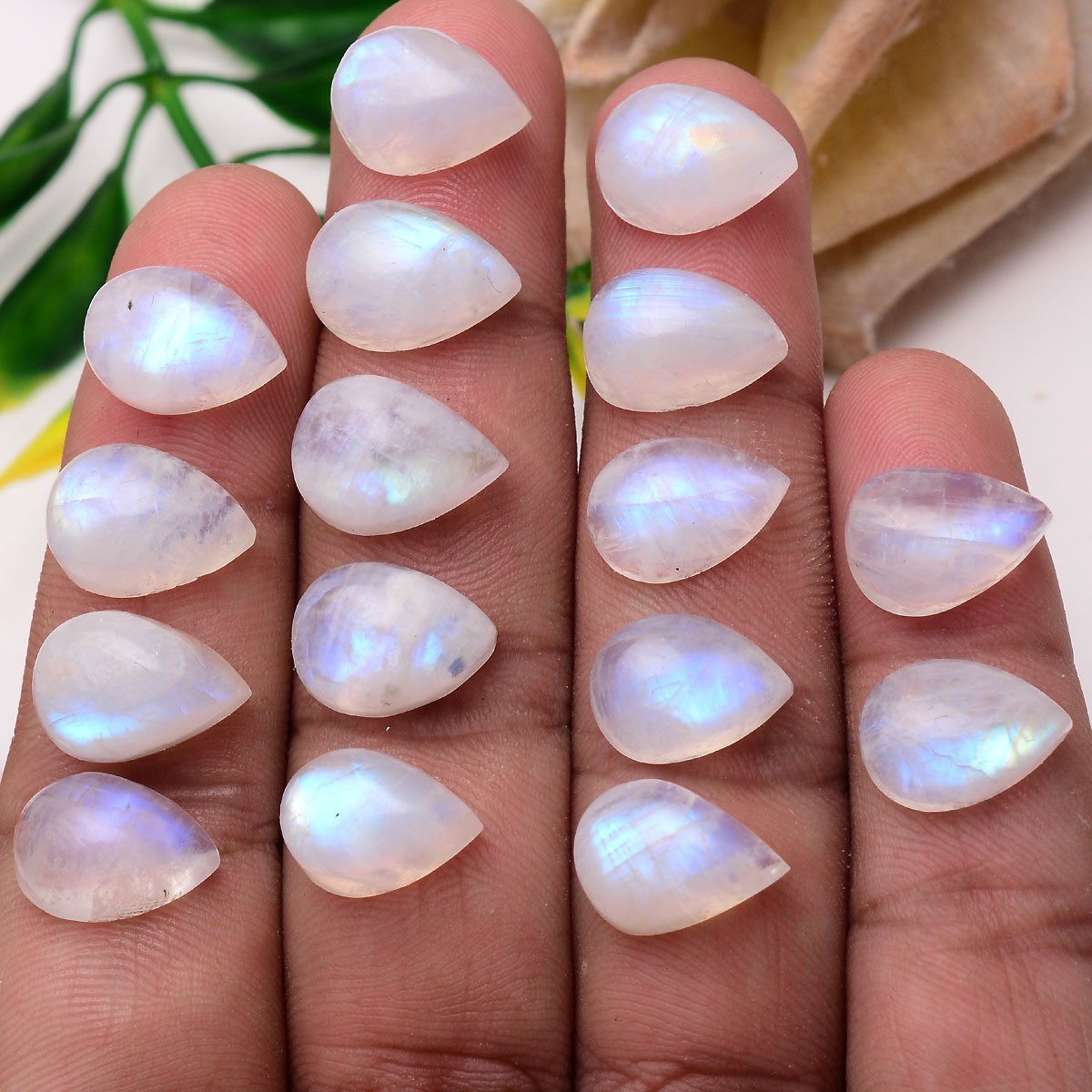 Set 16 Pcs Natural Moonstone Blue Shine 13.25mm-14.50mm Pear Cabochon Gemstones