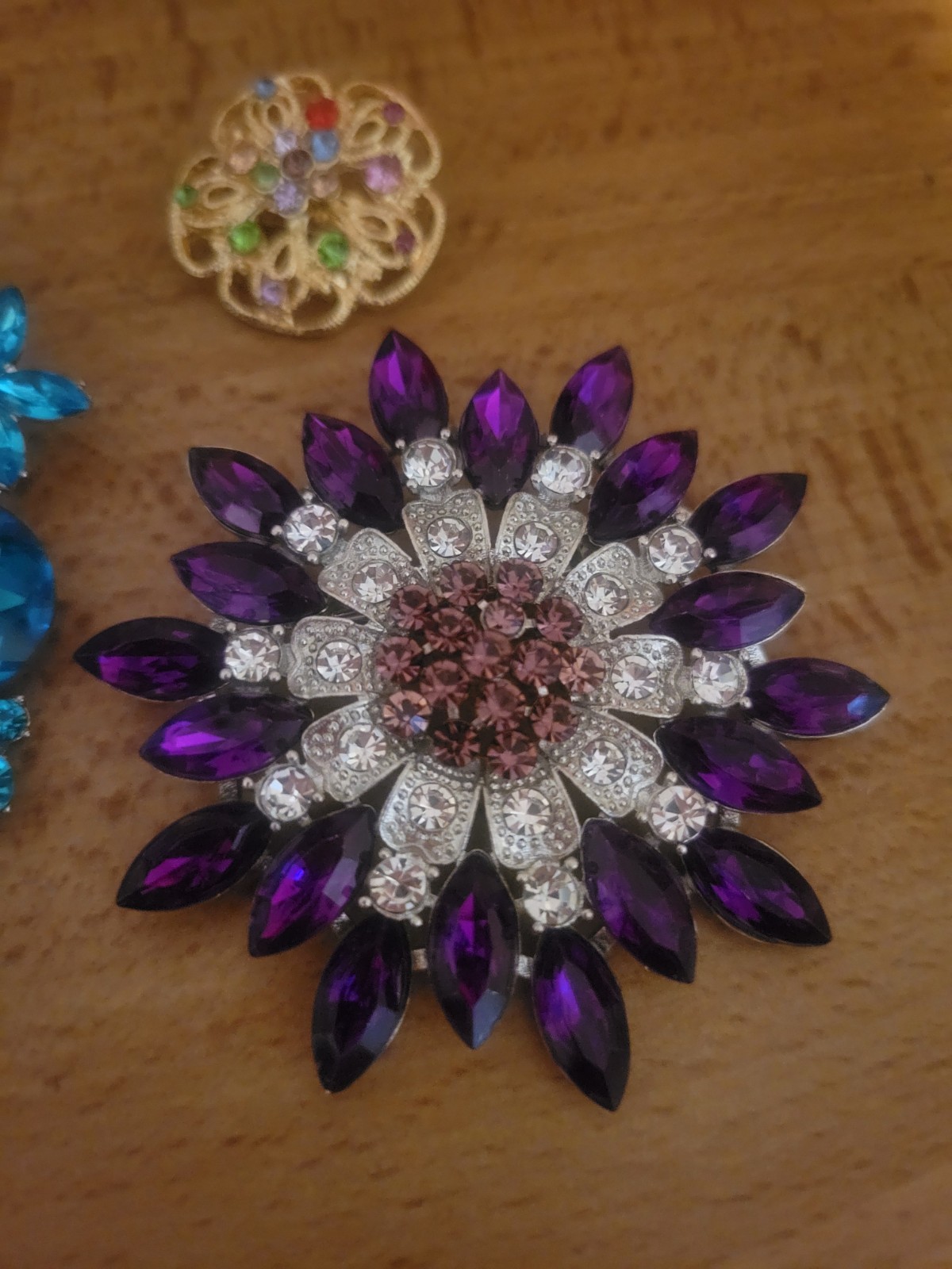 Big Aqua Blue Purple Rhinestone Multicolor Flower Brooch Pin Lot CA USA E508