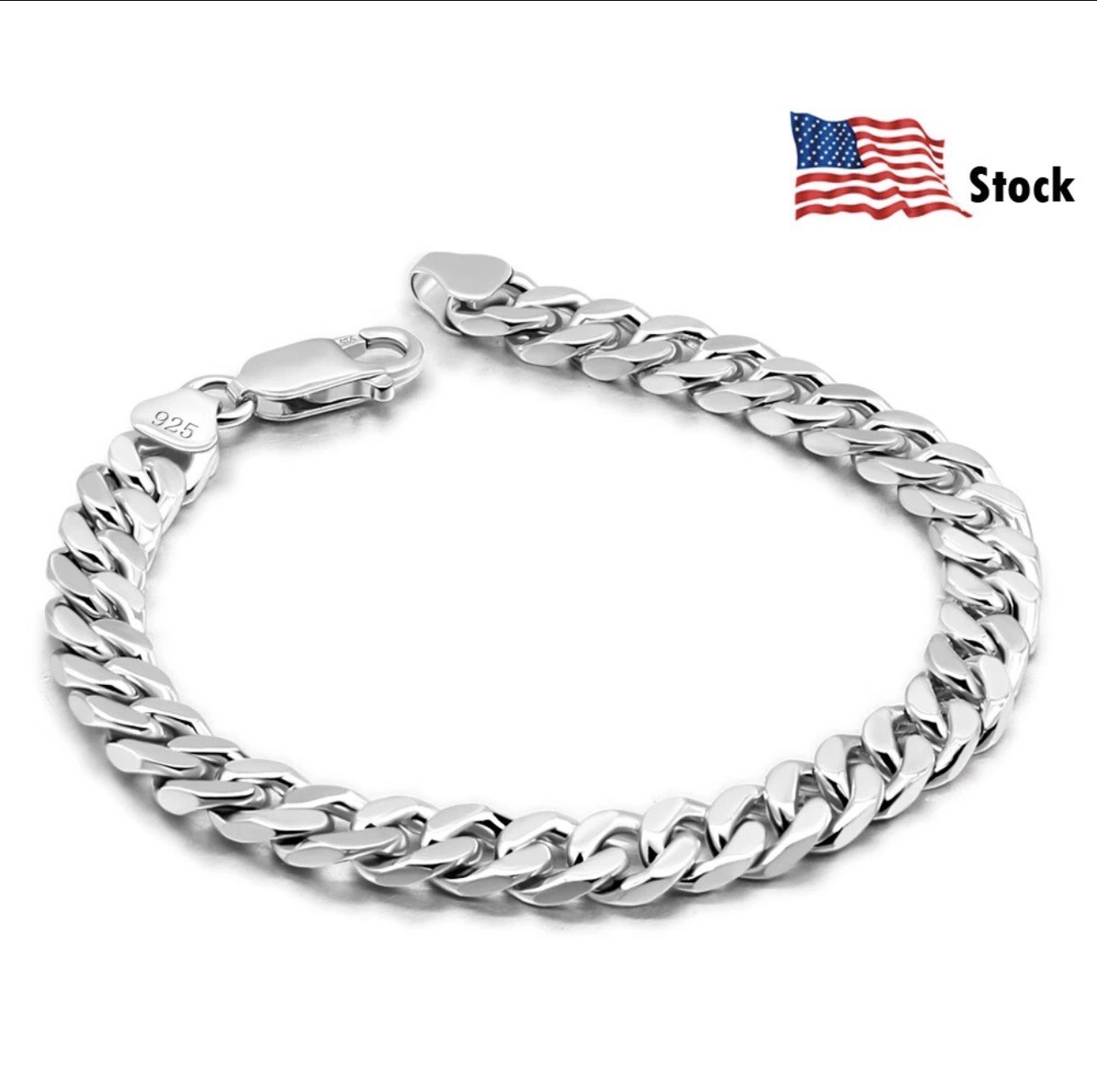 Silver 925 Cuban Link Chain Bracelet Nickel-Free Lobster Closure 7-9in