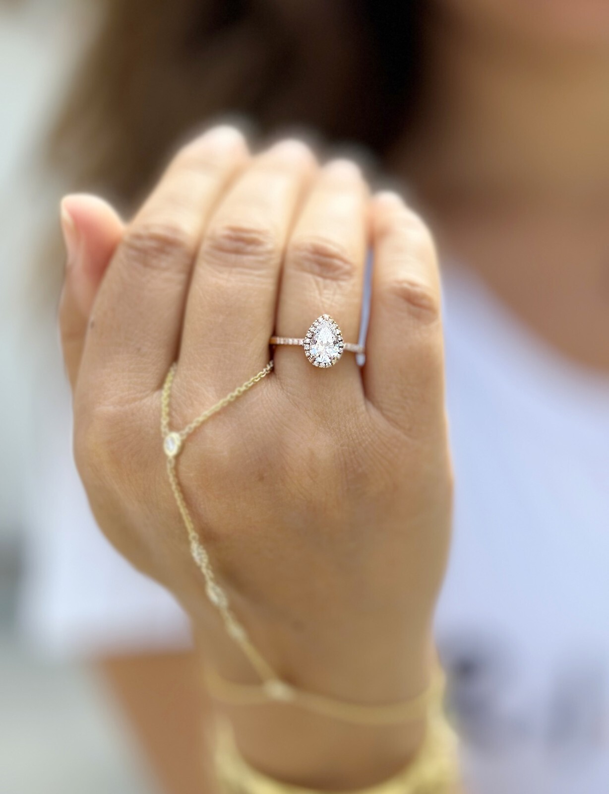 Pear Shape And Round Moissanite Engagement Ring Halo 14k Solid Rose Gold 1.70ctw