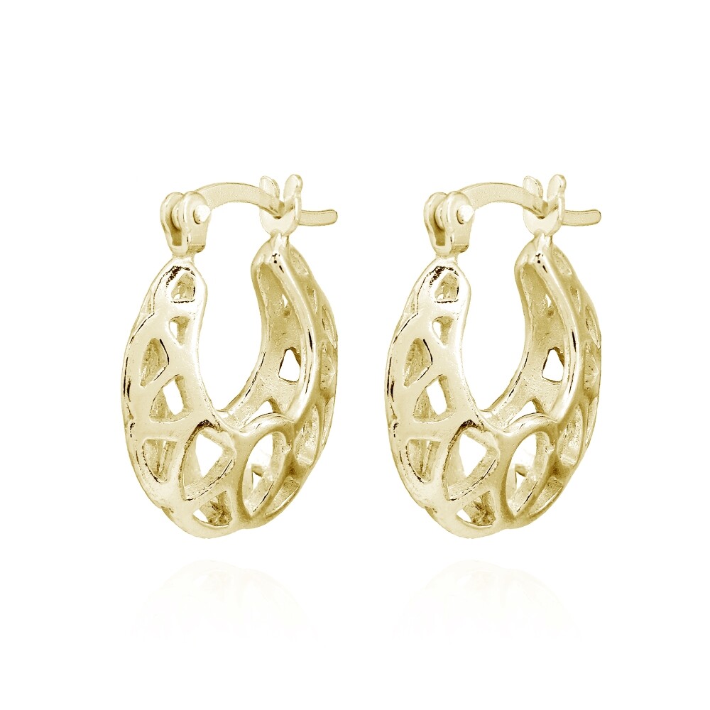 Gold Tone over Silver Polished Lightweight Round Filigree Cutout Hoop Earrings