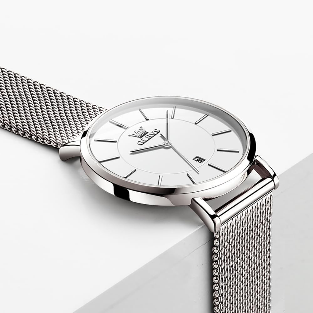 Ultra-Thin Silver Ladies Watch – Stylish Waterproof Mesh Strap with Date Display