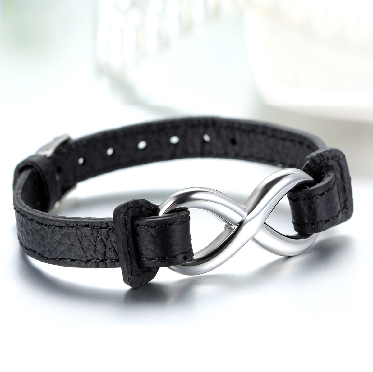 Mens Womens Leather Stainless Steel Bracelet Love Infinity Charm Bangle Black