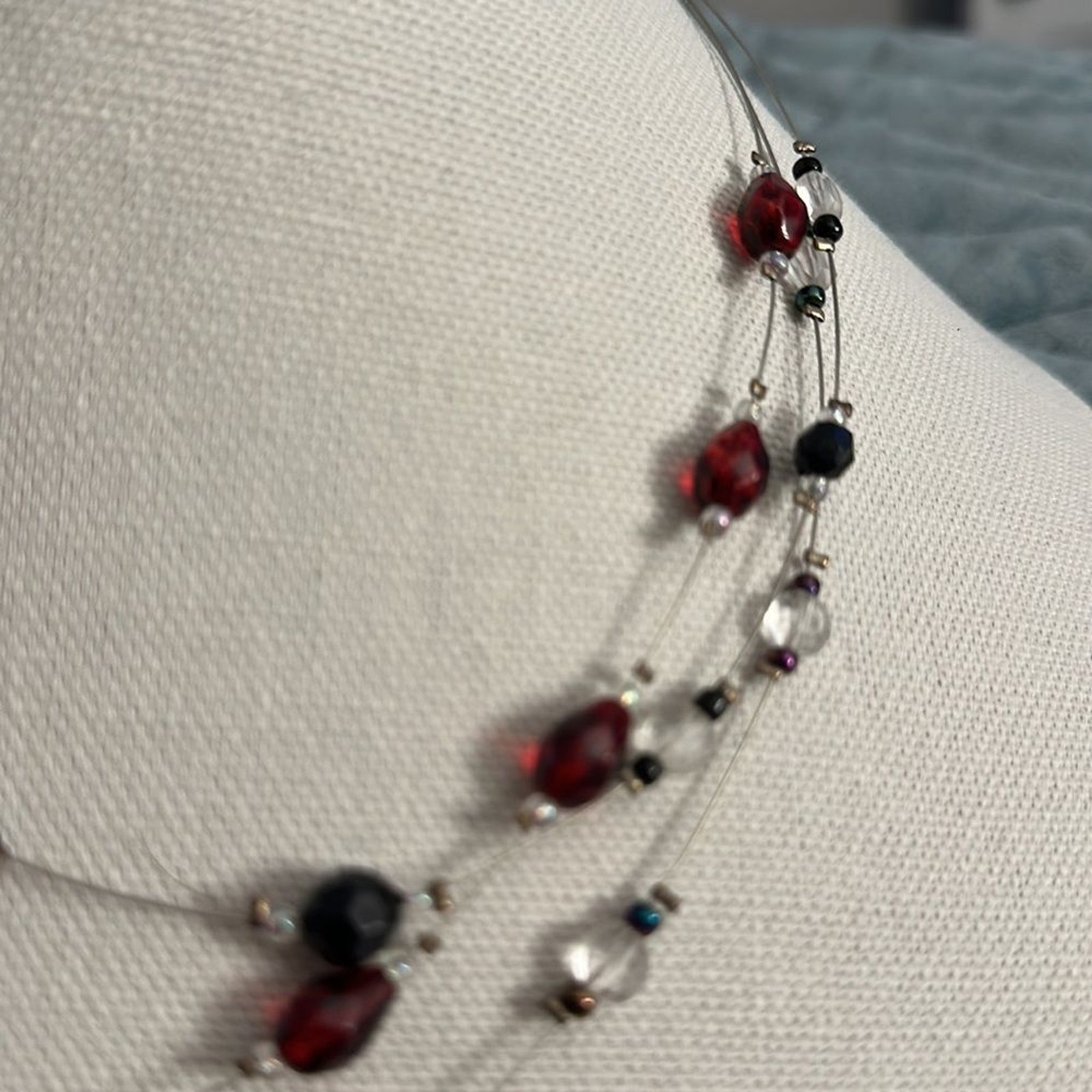 Women 19 inches long Necklace with black and burgundy and crystal clear stones