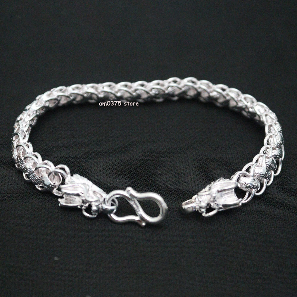 Pure 999 Fine Silver Bracelet Women Men 9mm Dragon Head Curb Link 7.5inch 19-20g