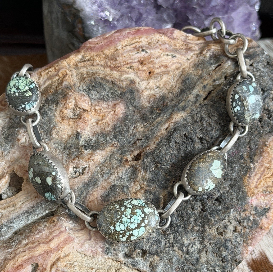 Dry Creek Turquoise Sterling Silver 5 Stone Link Bracelet 7–9” Adjustable