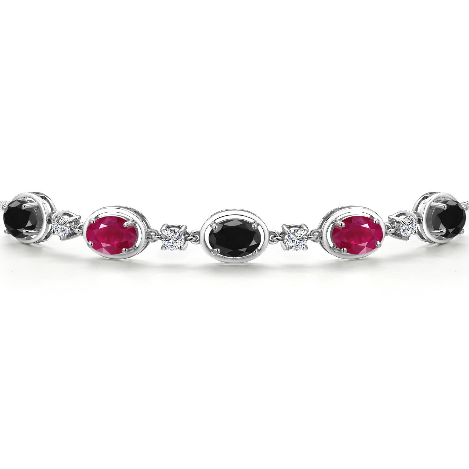 925 Sterling Silver Black Sapphire and Ruby and Lab Grown Diamond Bracelet For