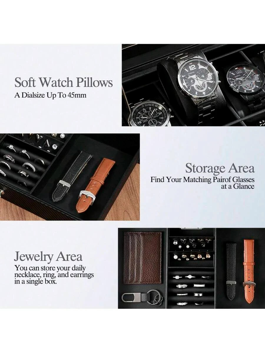 Watch Box 12 Slot Watch Display Organizer Leather Jewelry Case Drawer Glass
