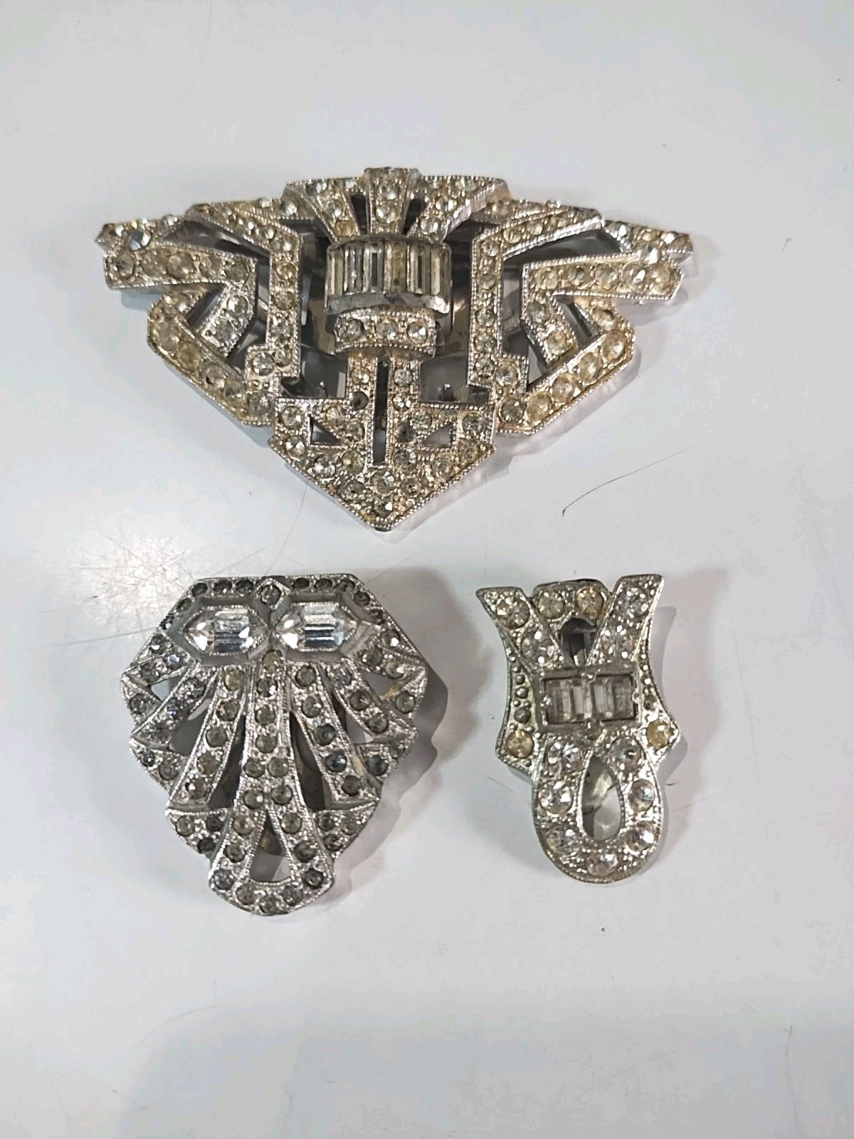 Vintage Art Deco Silver Tone Clear Rhinestone Dress/Shoe Clips Lot Of 3 STUNNING