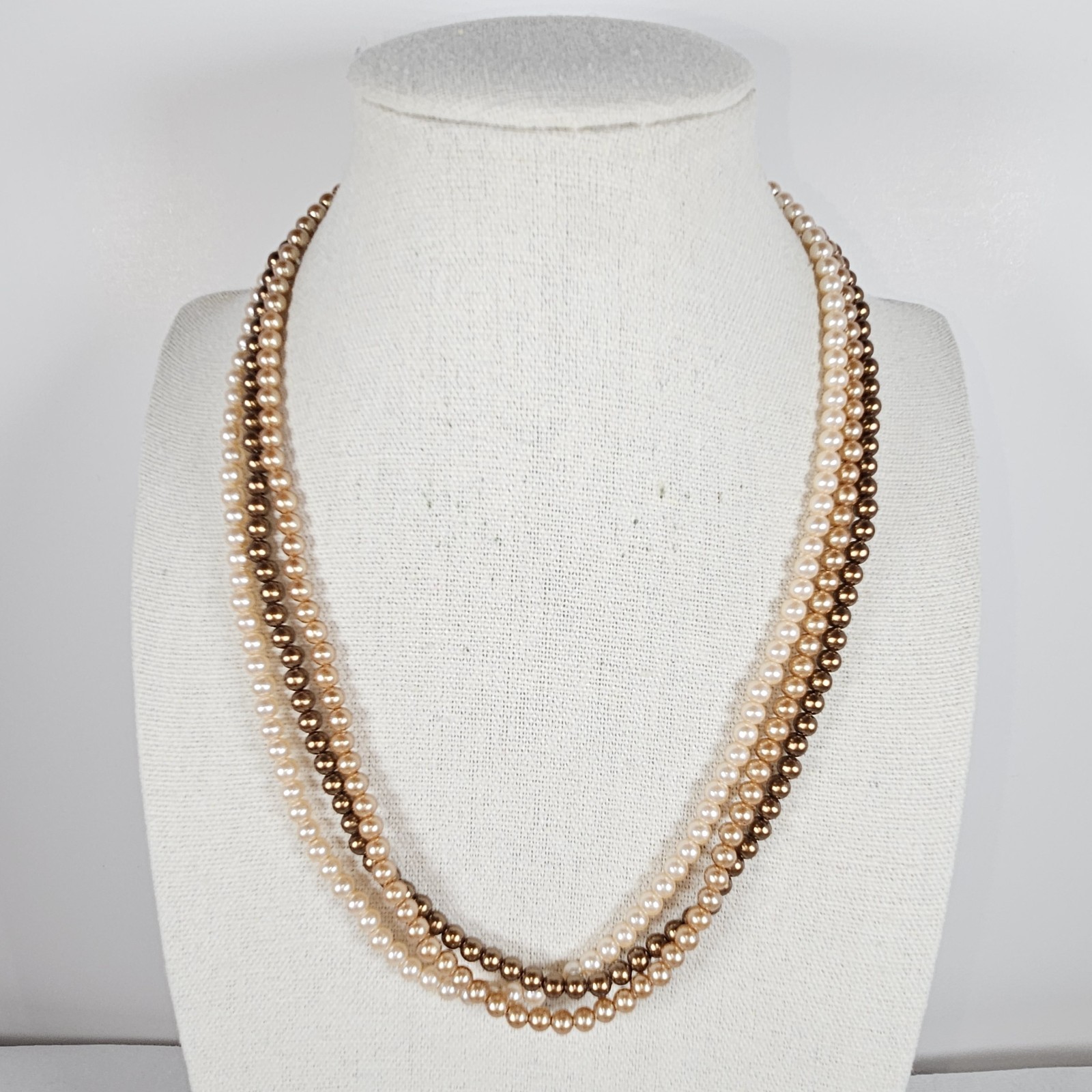 Triple Strand FAUX PEARL CHOKER NECKLACE Cream Tan Brown 16″ Long 4mm Gold Tone