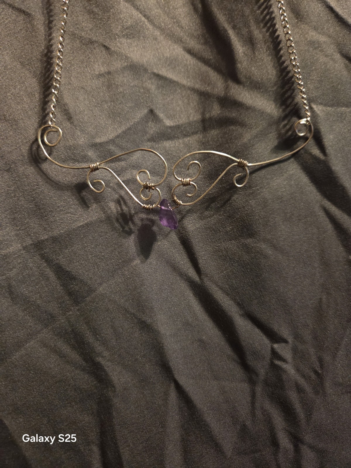 Handcrafted Silver Wire Wrapped Amethyst Teardrop Pendant Cable Necklace