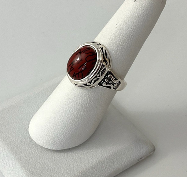 Premier Designs Spice Ring Red Oval Cabochon Size 9 Silver Tone Finish 159