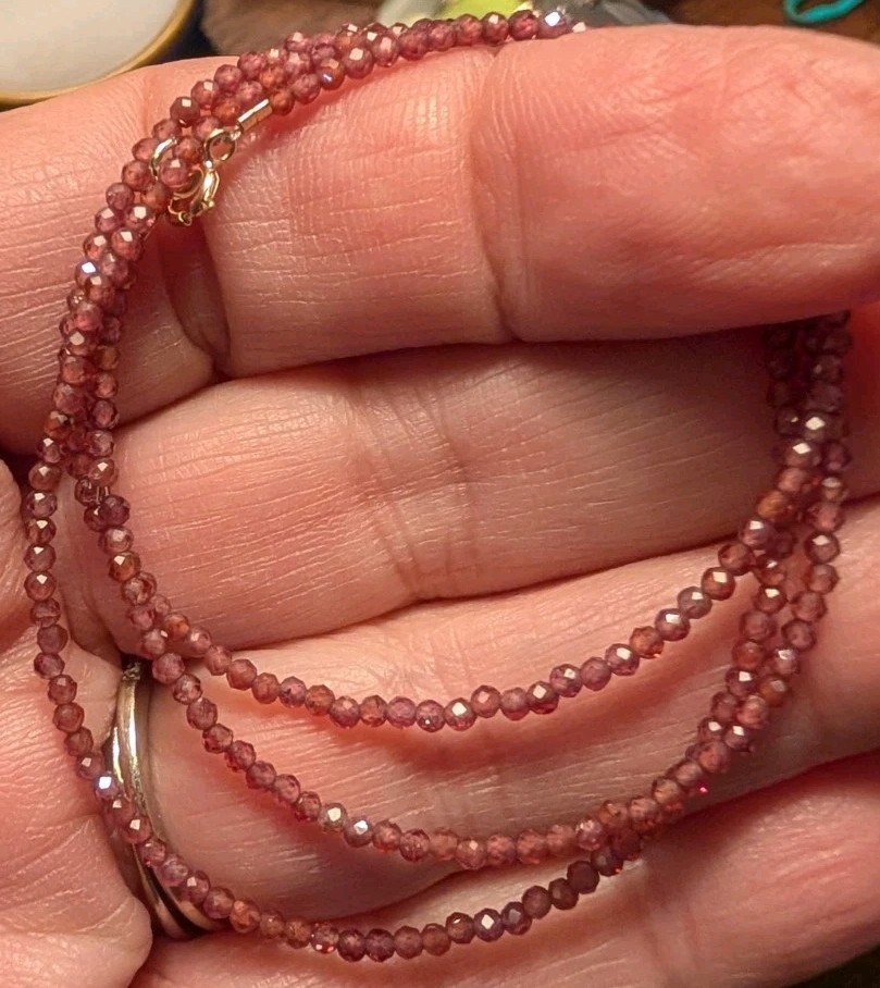 17″ 2.2 mm Pink garnet bead necklace with 14 k gold clasp