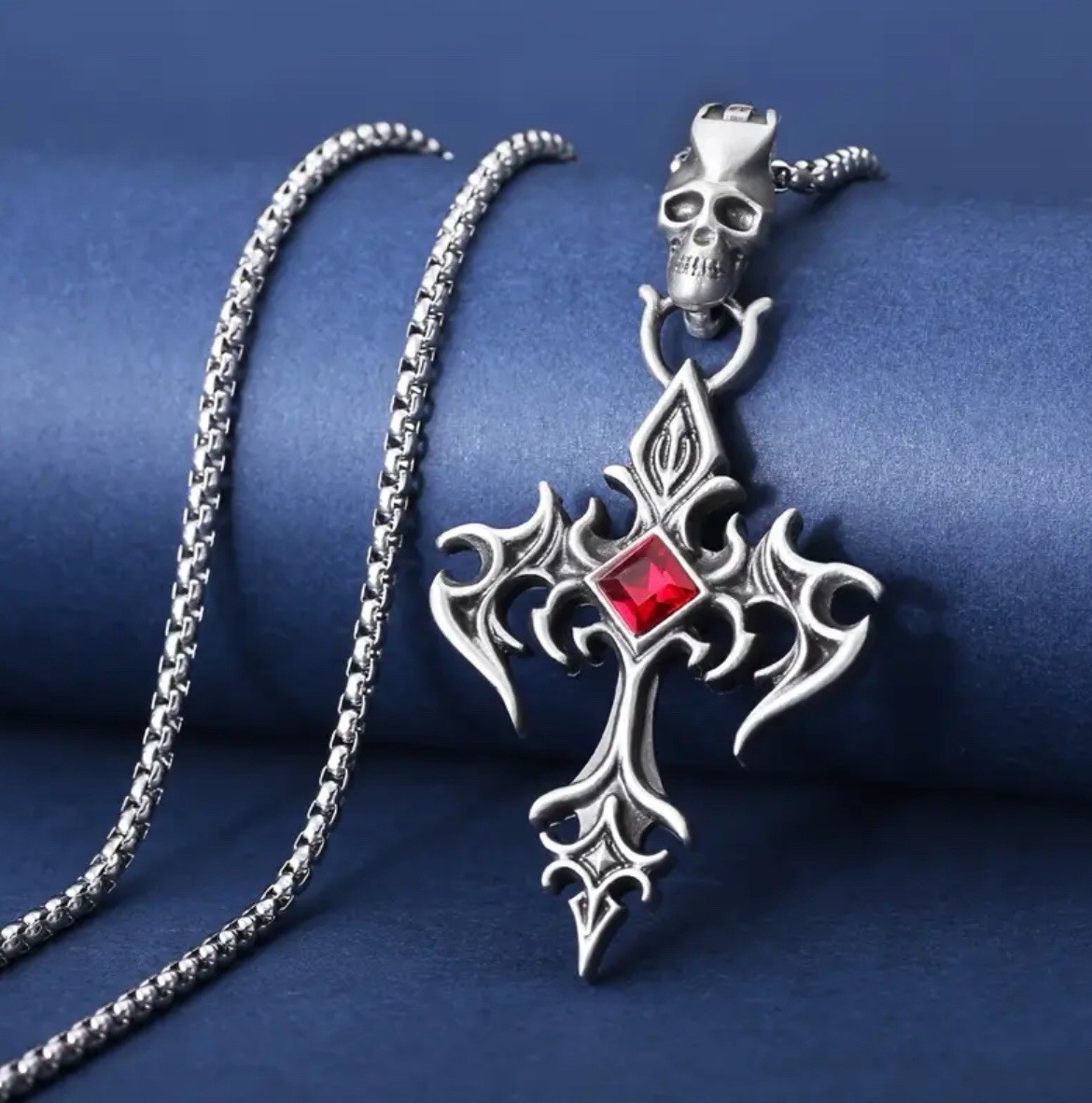 Cross Gothic Skull Necklace Black And Silver 304L Stainless Steel Pendant