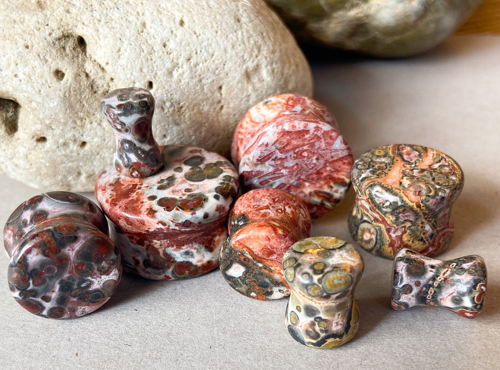 PAIR Natural Leopard Jasper Stone Double Flare Plugs Organic Gauges