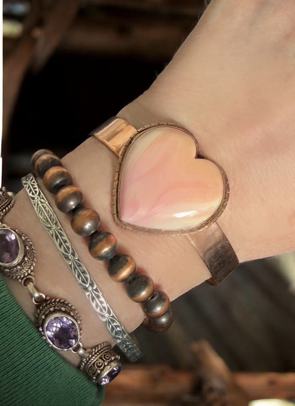 Pink Conch Heart Copper Cuff Bracelet Artisan Handmade