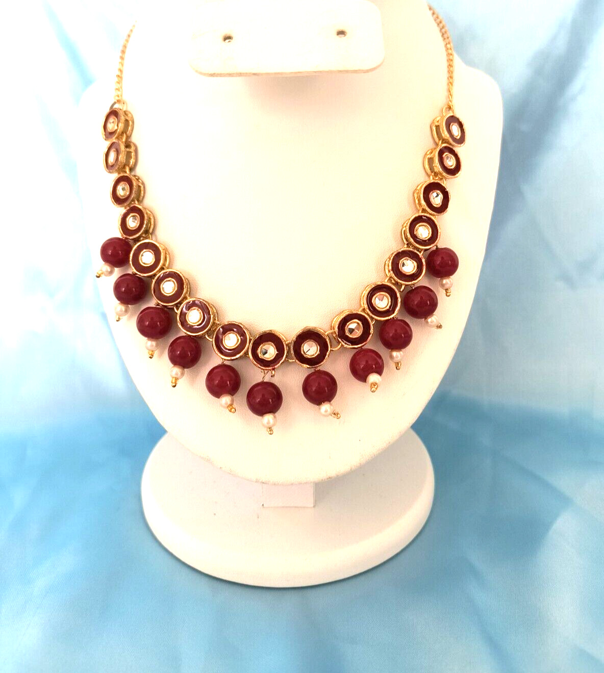 Women’s Statement Necklace Red Gold White Clear Colors with Gold Tone Chain