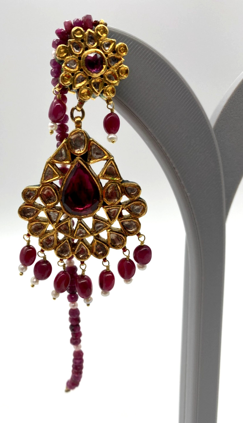 21K Gold Polki Diamond Ruby Chandbali Earrings / Jaipur Kundan Meenakari Beaded