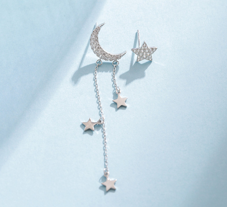 18K Gold Sterling Silver CZ Moon Star Tassel Asymmetrical Stud Earrings Box PE47