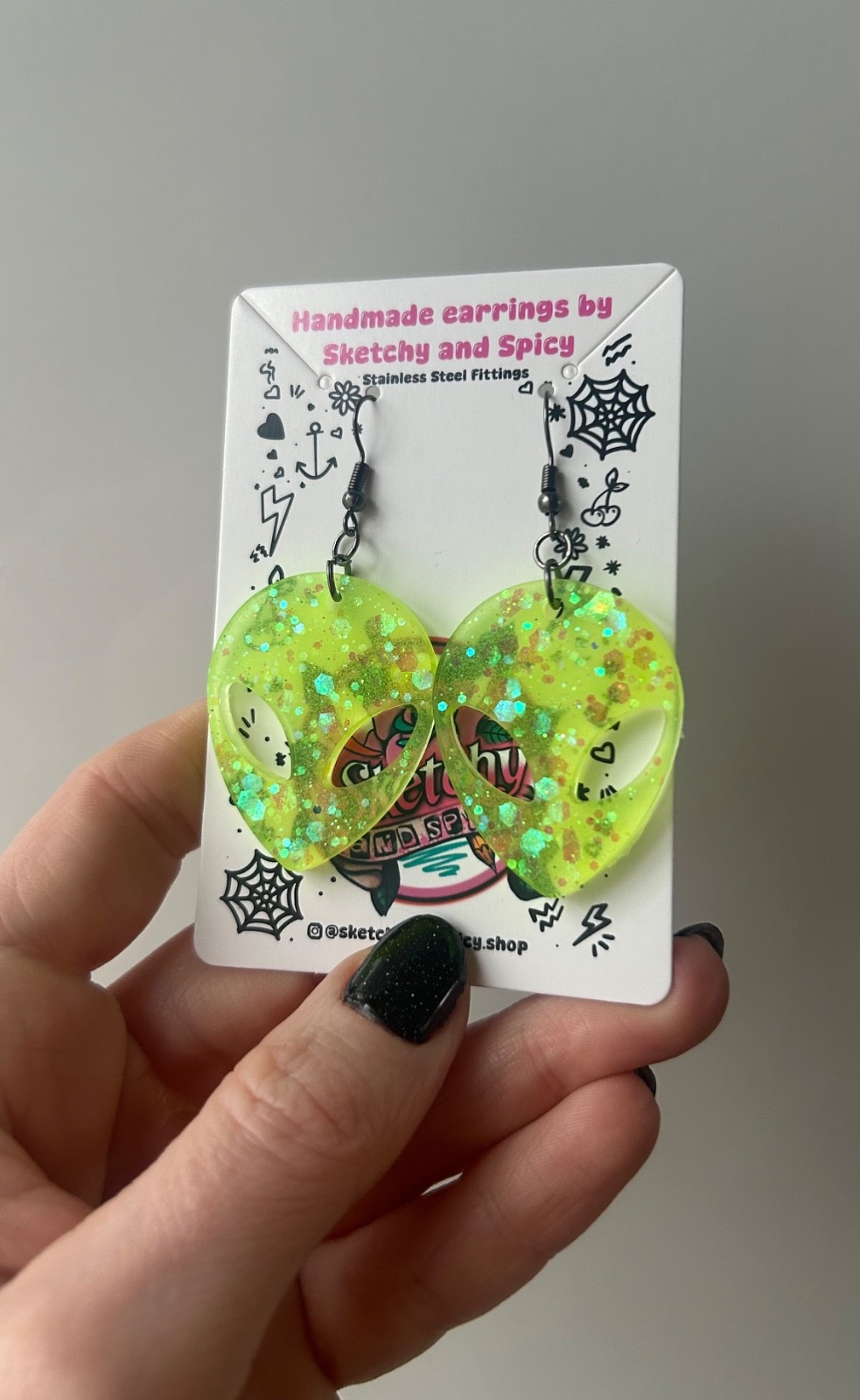 Glow in the Dark Alien Head Earrings – Neon Glitter Resin – Stainless Steel