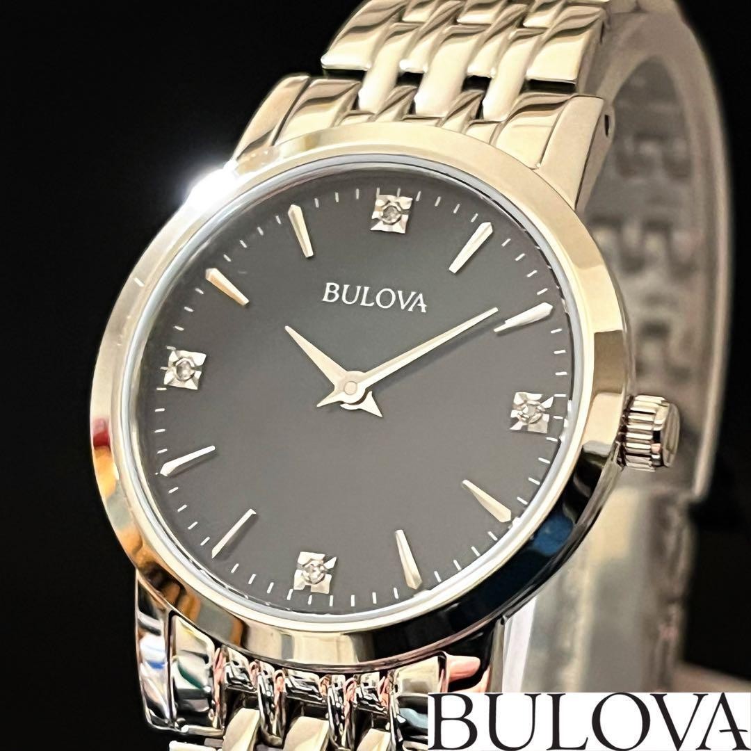 BULOVA Ladies Watch Quartz 27mm Silver Black Mother of Pearl Diamonds