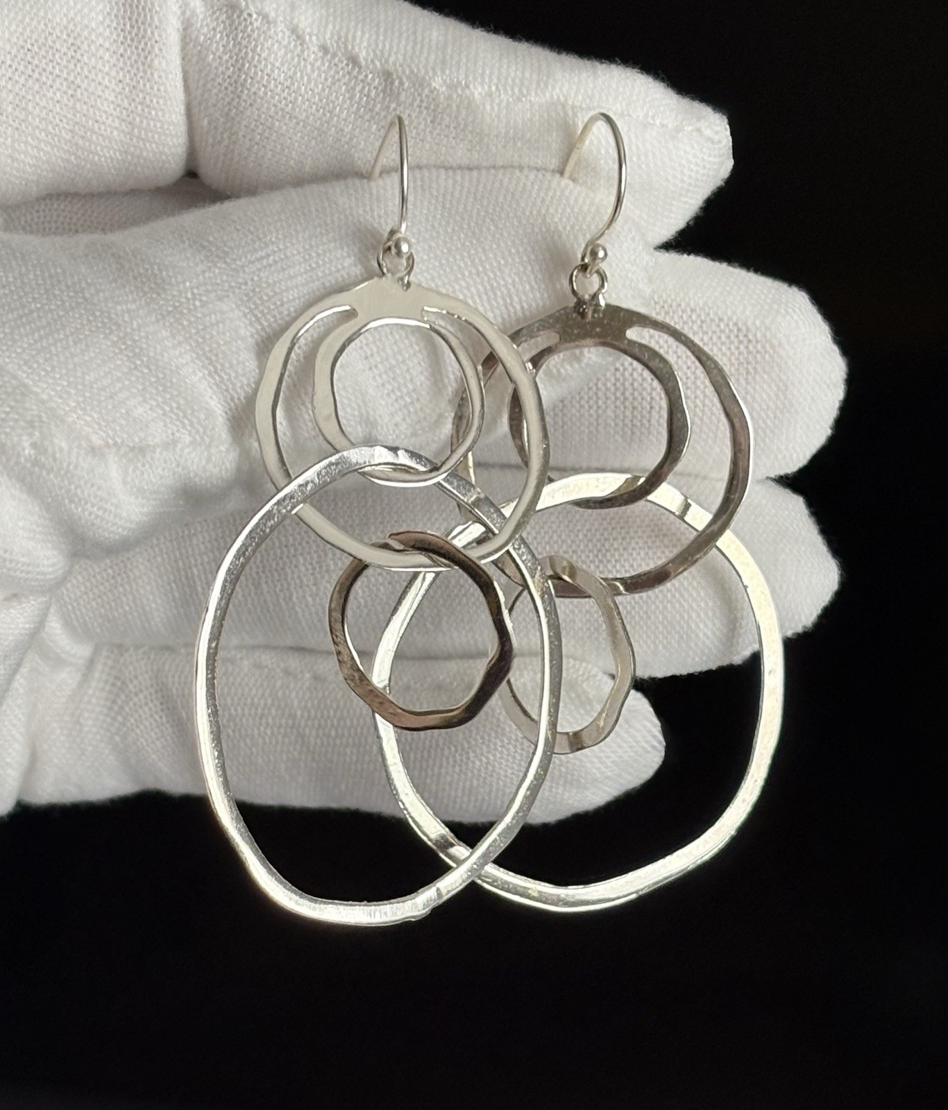 925 Sterling Silver Round Hammered Interlocking Circle Earrings 2” MWS Thailand