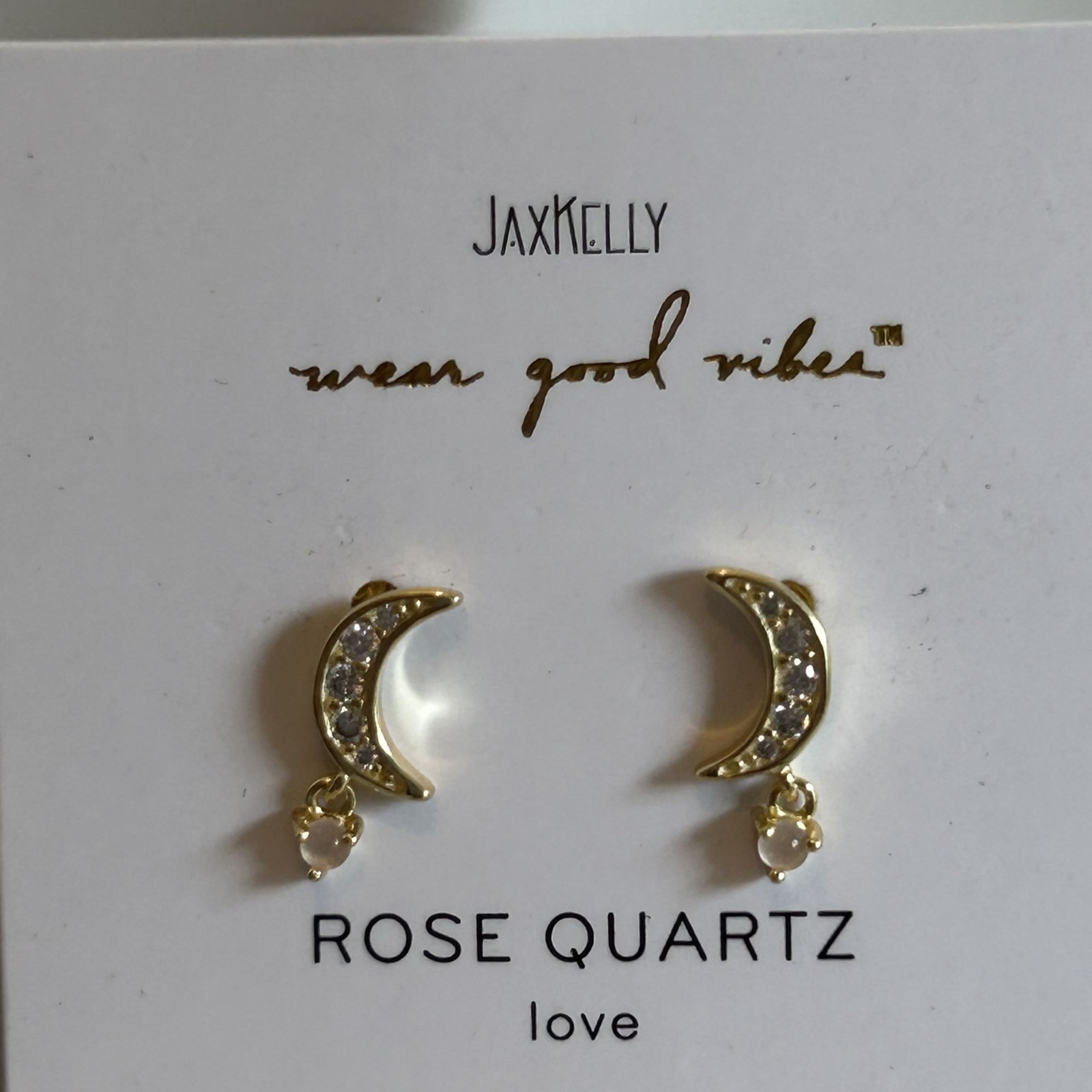 NEW Jax Kelly Rose Quartz Gold Crescent Moon Gemstone Drop Earrings Love CZ