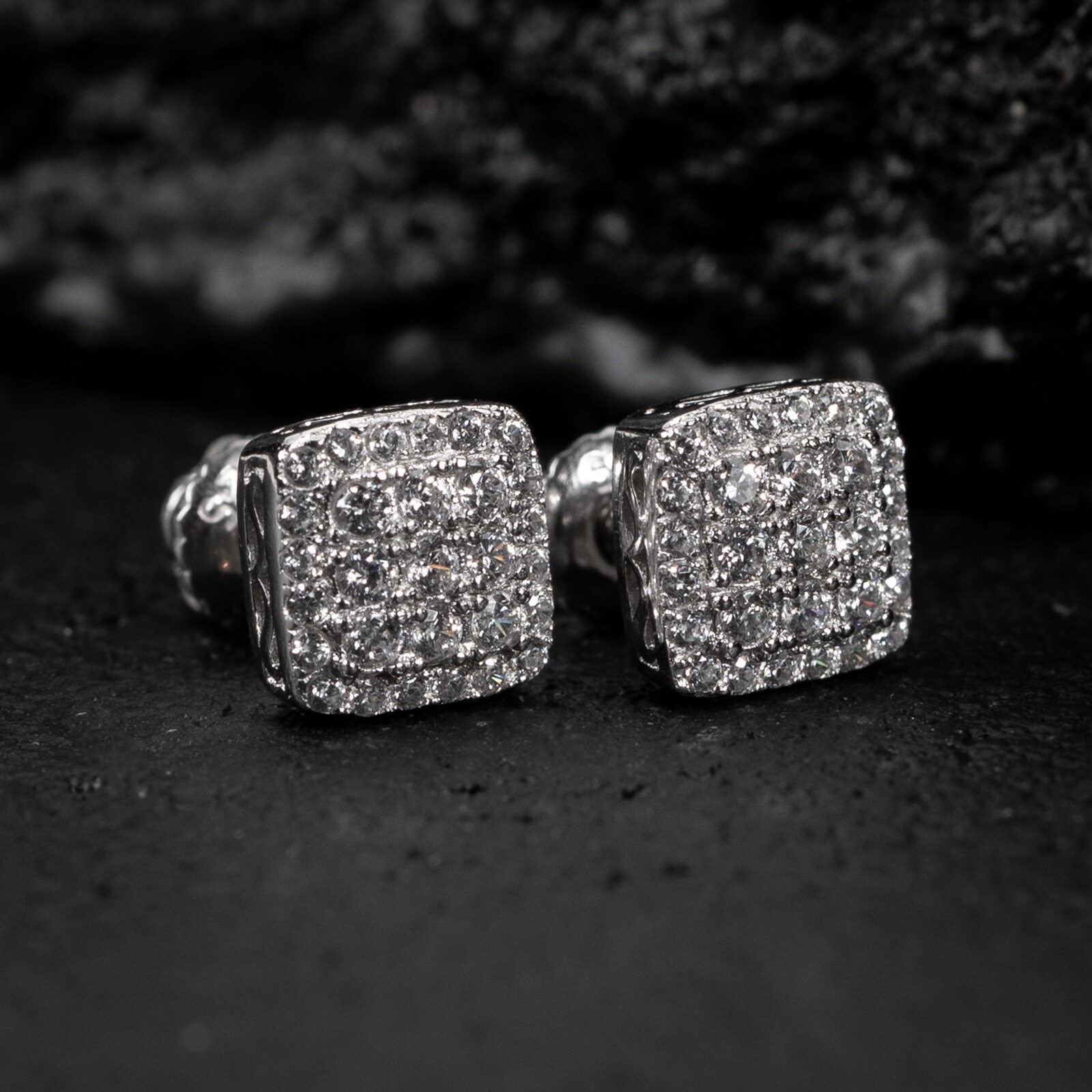 Men’s Small 925 Sterling Silver Iced Square Cube Shape Hip Hop Cz Stud Earrings