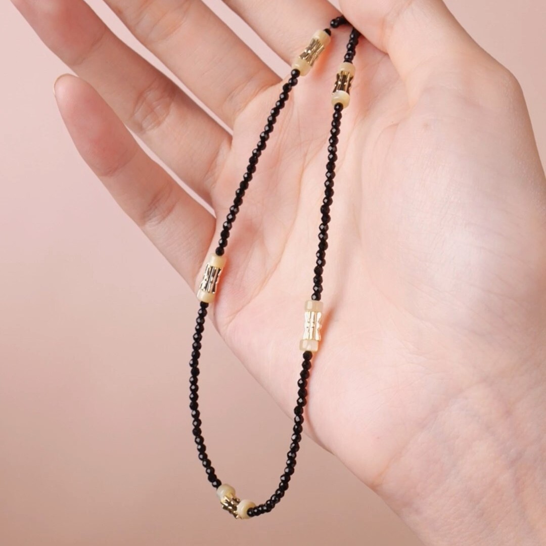 Gold black small stone cats eye handmade chain necklace 40 to 45.5 cm