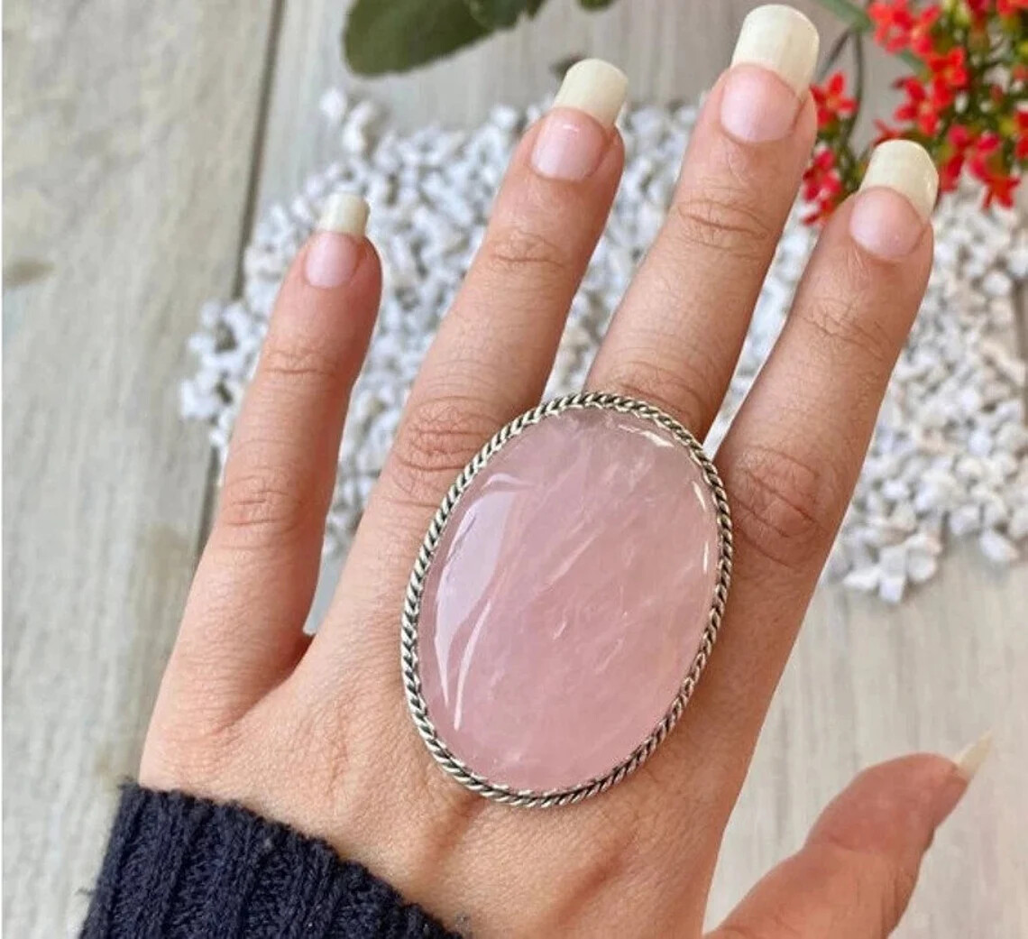 Valentine’s Day Rose Quartz Gemstone 925 Sterling Silver Handmade Ring All Size