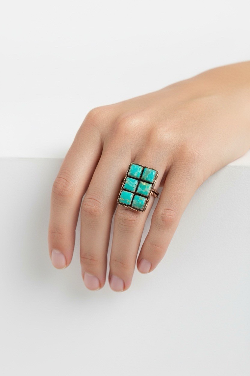Southwest Boho Copper Kingman Mojave Turquoise Cluster Ring Adj 8 9 10 11 12