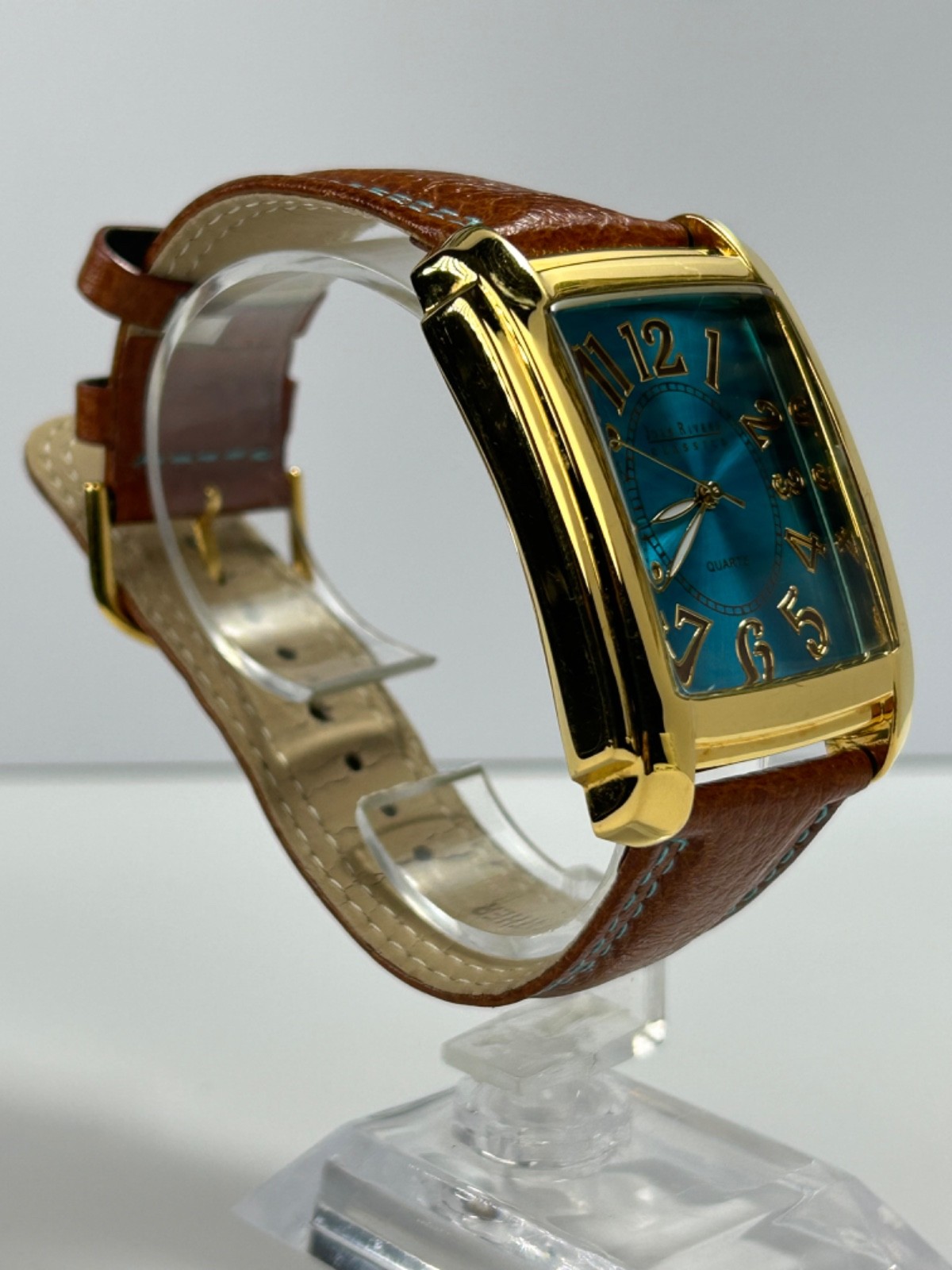 Vintage Joan Rivers Classics V377 Womens 34MM Tank Quartz Gold Tone W/Blue Dial